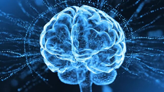 Futuristic digital human brain made of glowing blue polygonal lines and nodes, abstract low-poly wireframe brain representing artificial intelligence and neural networks