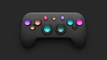 Matte dark game controller with vibrant circular buttons arranged across its face, resting on a dark surface