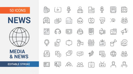 Collection of 50 minimalist line art icons for media and news, representing communication, broadcasting, and information dissemination