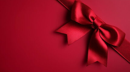 Elegant red satin ribbon bow centered on a matching background symbolizing luxury celebration.

