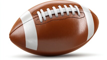 A realistic depiction of a brown and white, oval-shaped ball with white laces, commonly used in a sport