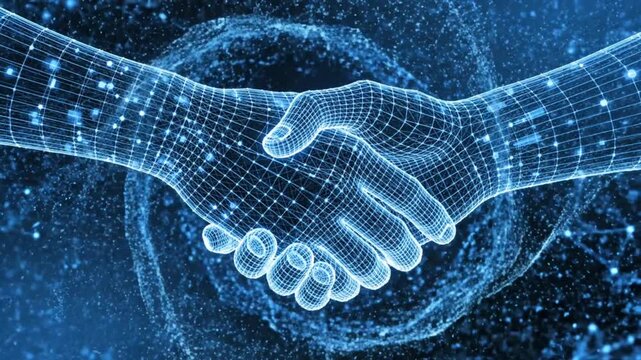 Futuristic digital handshake formed by glowing blue polygonal wireframe lines and connected nodes, symbol of artificial intelligence collaboration and human technology partnership