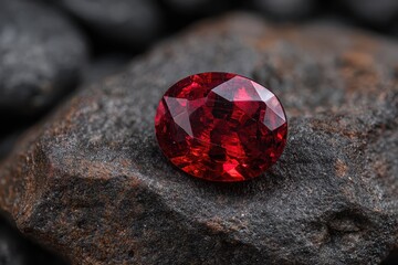 Stunning red sapphire gemstone set against a natural black stone surface for an elegant display of beauty and mineral craftsmanship