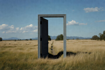 An open door into a field is like a portal to another dimension.