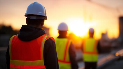 Construction workers wearing safety vests and helmets at a building site during sunset.
