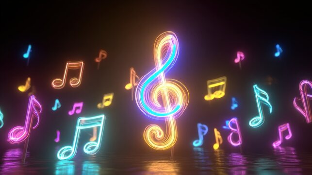 Neon-glowing musical notes and treble clef float against a dark backdrop. Colorful, animated, and bright symbols represent music and sound