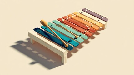 Colorful xylophone with light beige background and wooden mallets
