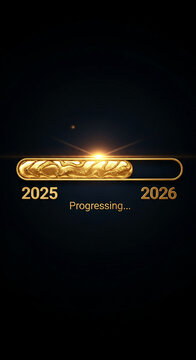 Golden progress bar on black background, years 2025 and 2026. Concept represents advancement, future, moving forward and completion of a project or goal.