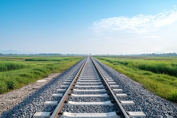 Fototapeta premium Serene Railroad Tracks Leading Into Clear Blue Sky Over Lush Green Landscape