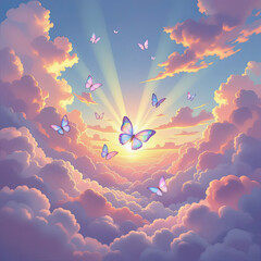 Butterflies fly over clouds as the sun sets in a colorful sky with rays of light