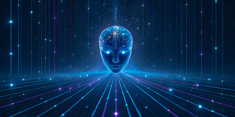 A futuristic digital face emerging form streams of light and data, symbolizing artificial intelligence, consciousness, and the flow of information in a connected digital universe.