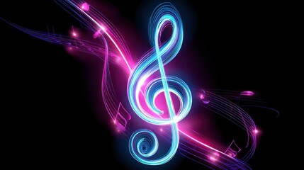 Glowing treble clef surrounded by swirling musical notes in vibrant pink and cyan