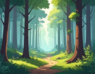 A winding path through a sunlit forest, green with vibrant flora