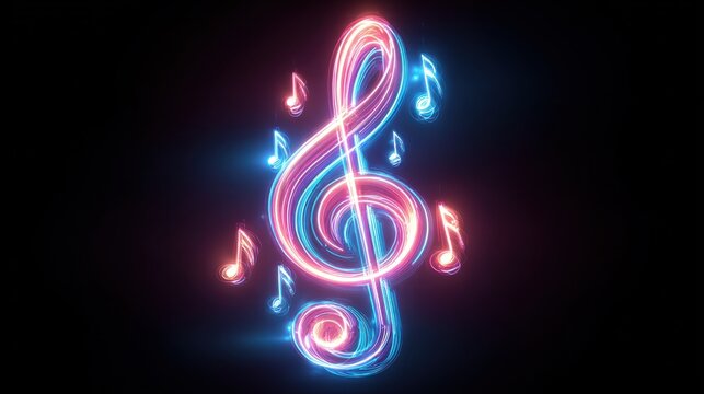 Vibrant, neon-colored treble clef with glowing musical notes