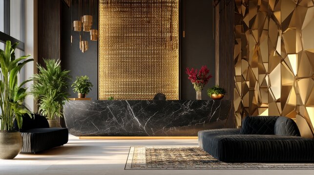 A luxurious reception area features a black marble counter, geometric gold wall, and plush seating. Potted plants add a touch of nature