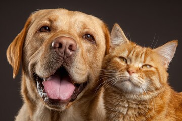 Happy labrador retriever and ginger cat relaxing together in a cozy indoor setting