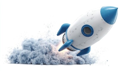 Whimsical rocket lifts off, leaving a trail of smoky clouds against a white backdrop