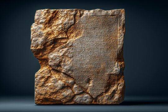 Ancient stone tablet with mysterious inscriptions on dark background