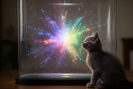 Gray Kitten Gazing at a Colorful Explosion Inside a Glass Enclosure