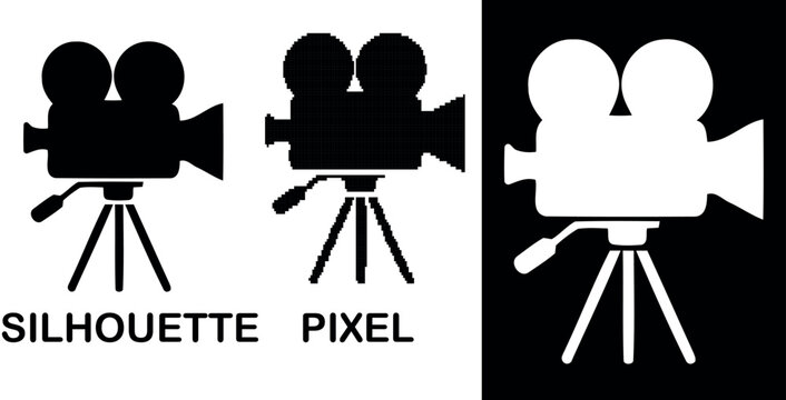 A vintage movie camera on a tripod a silhouette pixel vector design
