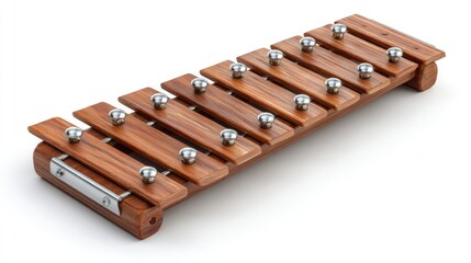 Wooden xylophone with silver-colored hardware. Bar layout is ascending in length. Isolated on a white background
