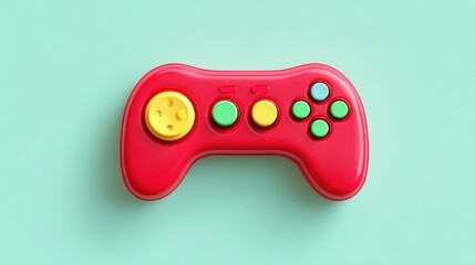 Vibrant, glossy red game controller with colorful buttons, a yellow circle, and directional buttons, resting on a light blue background