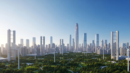 Fototapeta premium Futuristic sustainable smart city skyline with copy space in blue sky for 2026 technology