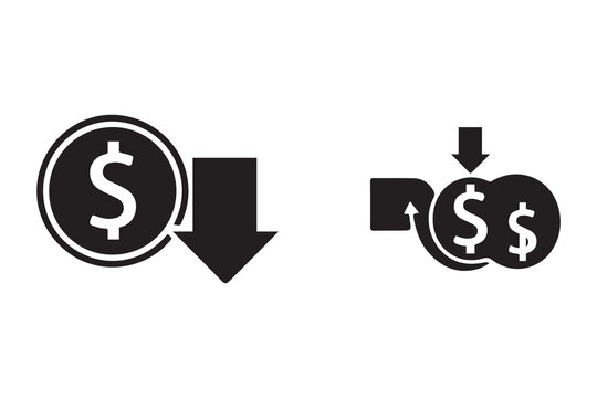 Money increase and decrease icons. Low or high total cost icon. Price, sale, rate or profit going up or down symbol with arrow and dollar sign. silhouette vector on white background