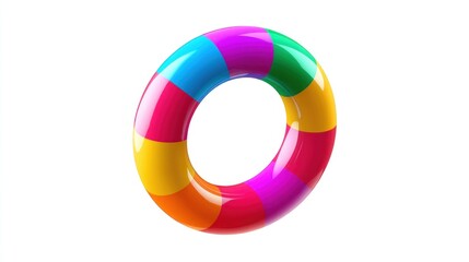 A vibrant, glossy torus floats against white. The donut-shaped object is segmented with bright, varied hues, creating an eye-catching effect