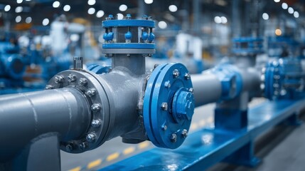 Close-up of industrial machinery featuring pipes, valves, and bolts, in a manufacturing setting, emphasizing technical aspects