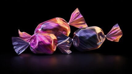 Three hard candies wrapped in iridescent cellophane, with subtle shadow detailing on a dark surface against a black backdrop