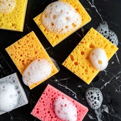 Colorful cleaning sponges, various colors, covered in suds