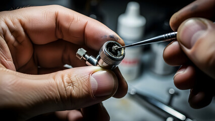 A person's hands carefully performing maintenance on a precision airbrush component using a specialized cleaning tool.