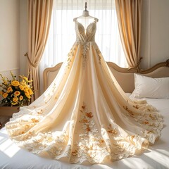 A  cream-colored wedding gown with gold embellishments,  draped over a bed,  in front of a window with drapes