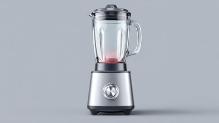 A stainless steel base blender holds a clear glass pitcher containing liquid & a small amount of red material, with a lid. Gray background