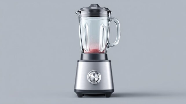 A stainless steel base blender holds a clear glass pitcher containing liquid & a small amount of red material, with a lid. Gray background - Powered by Adobe
