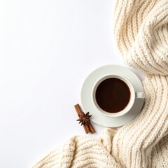 Cozy coffee scene with a knitted blanket