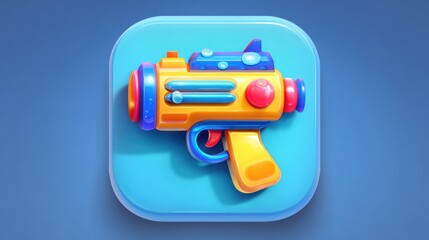 A stylized ray gun icon in vibrant colors sits on a rounded square. The blaster has a trigger, barrel, and details
