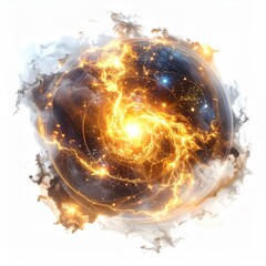 Abstract sphere, swirling with energy, surrounded by clouds