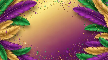 Mardi Gras Background With Feather Plumes and Confetti Sparkles Festive Mood