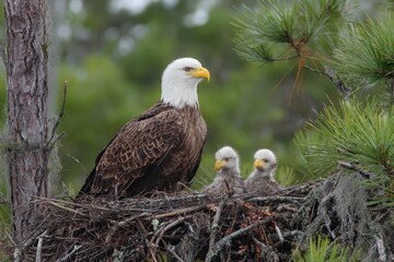 Bald eagle and its eaglets in a nest amid lush greenery during spring in North America, illustrating the bond between parent and young birds