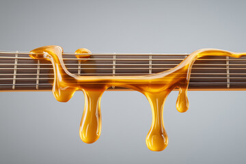Honey dripping down guitar neck with strings