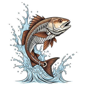Red fish skeleton fishing jumping out of water splash vector illustration on white background