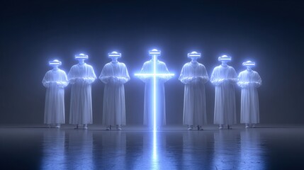 Abstract futuristic figures in white robes and vr headsets with a glowing cross