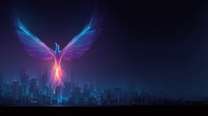 Abstract phoenix rising above cityscape symbolizing hope and transformation