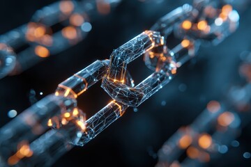 Blockchain technology represented through a digital chain link glowing in an abstract dark background with vivid orange accents
