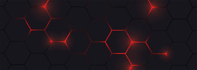 Hexagon technology black and red colored honeycomb abstract background. Wide vector illustration