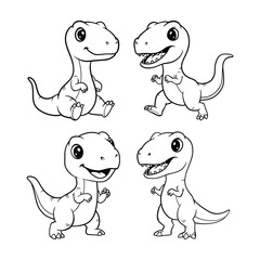 Cute Baby Tyrannosaurus Rex Dinosaur Coloring Page Set for Kids, Vector Illustration