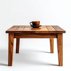 Square wooden coffee table, simple design, light brown hue, small brown cup on a saucer sits atop