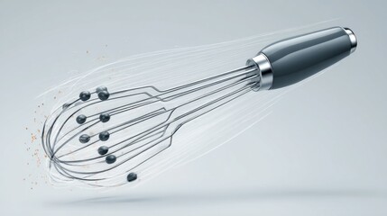 A sleek, stainless steel whisk, handle up, appears in motion with a motion blur effect. Small particles scatter away from the whisk